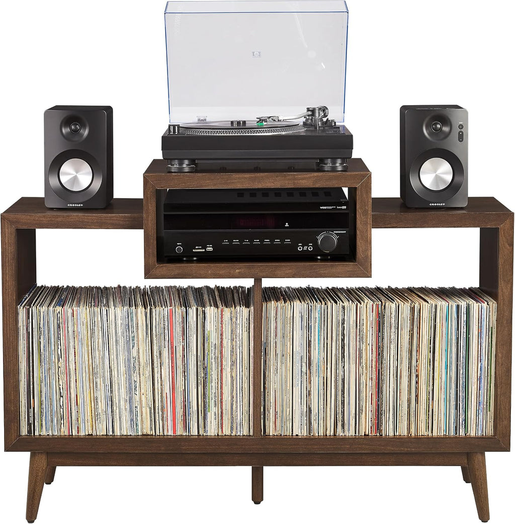 Crosley Furniture Nashville Mid Century Modern Console Record Player Stand, Stores Up to 220 Vinyl Records, Medium, Brown