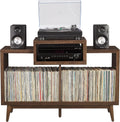 Crosley Furniture Nashville Mid Century Modern Console Record Player Stand, Stores Up to 220 Vinyl Records, Medium, Brown