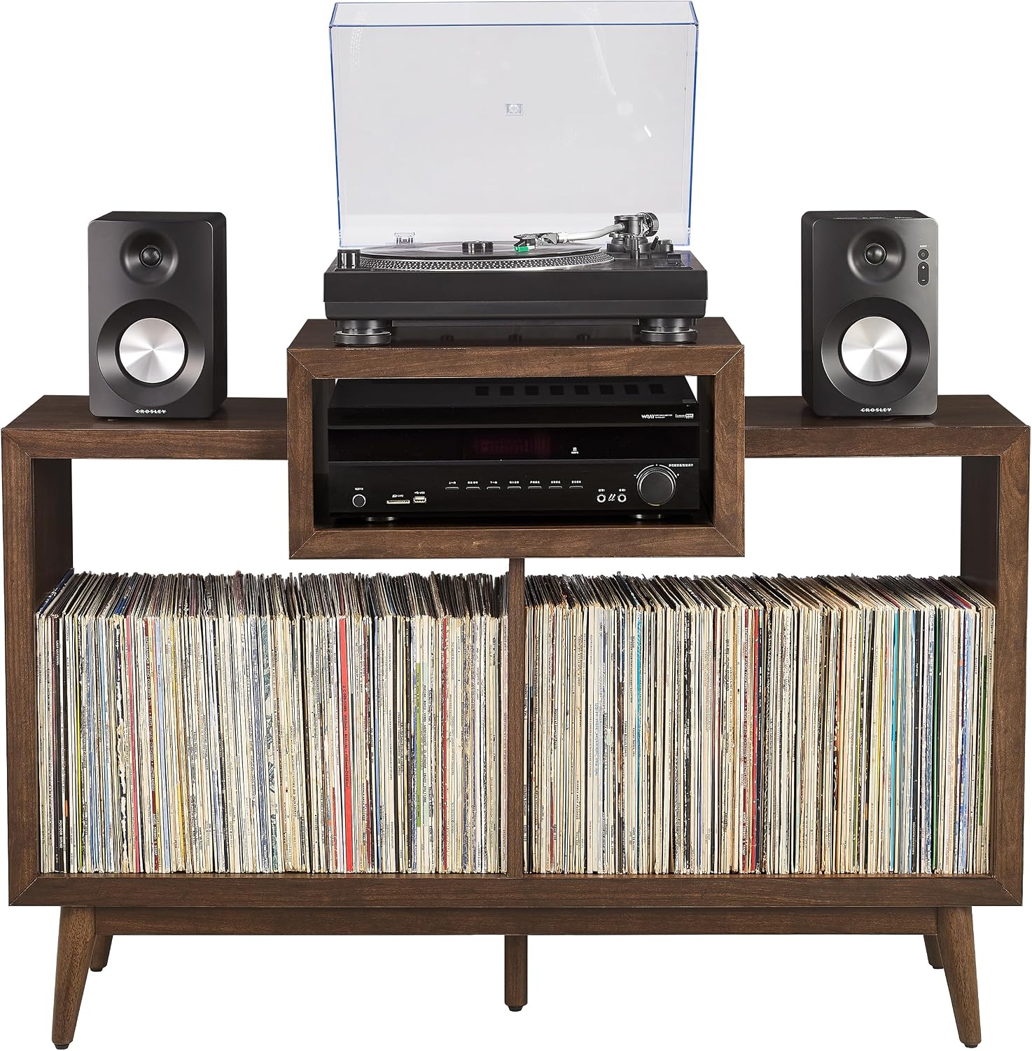 Crosley Furniture Nashville Mid Century Modern Console Record Player Stand, Stores Up to 220 Vinyl Records, Medium, Brown