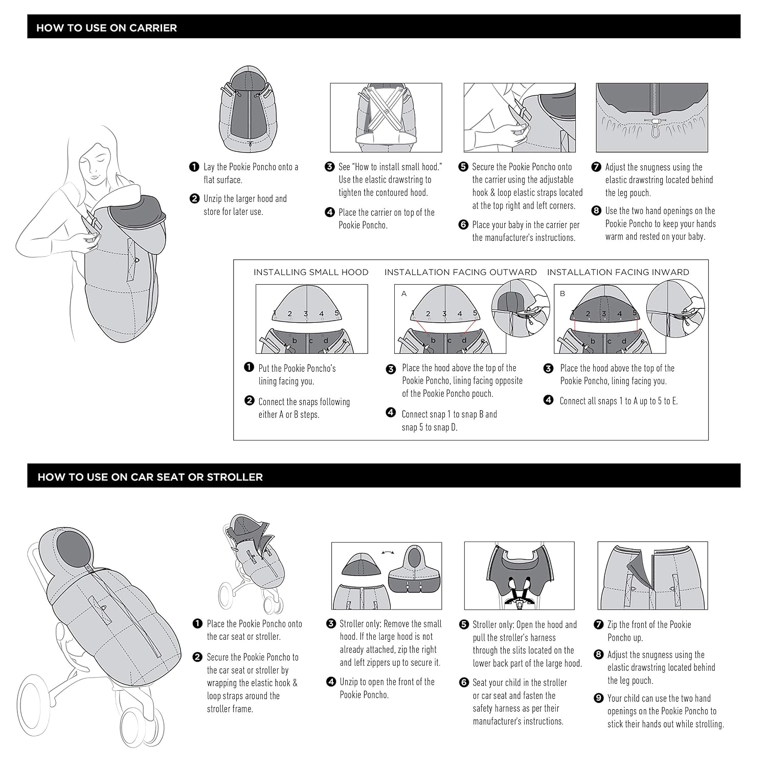 7AM Pookie Poncho Cover for Baby Carrier - Water Repellent & Ultra Soft Micro-Fleece Lining Bunting Bag with Adjustable 2 Hoods, Multifunctional Stroller & Winter Car Seat Cover | (0-4T)