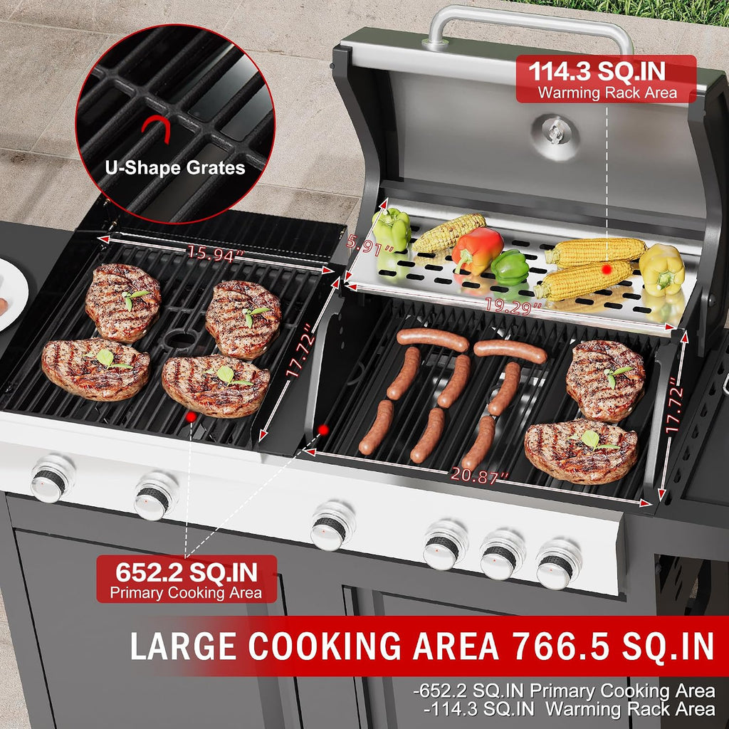MELLCOM 3 IN 1 Pizza Griddle Grill Combo, 74,000 BTU 5-Burner Stainless Steel Propane Gas Grill with Side Burner, Porcelain Enameled Cast Iron Grates, Griddle & Pizza Oven for Outdoor Patio Backyard