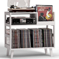 Record Player Stand with Vinyl Storage, Mid-Century Modern Turntable Stand Holds 150+ Albums, Record Player Table with Metal Dividers, Wood Media Console for Living Room (White, Single-Sided Small)