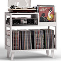Record Player Stand with Vinyl Storage, Mid-Century Modern Turntable Stand Holds 150+ Albums, Record Player Table with Metal Dividers, Wood Media Console for Living Room (White, Single-Sided Medium)