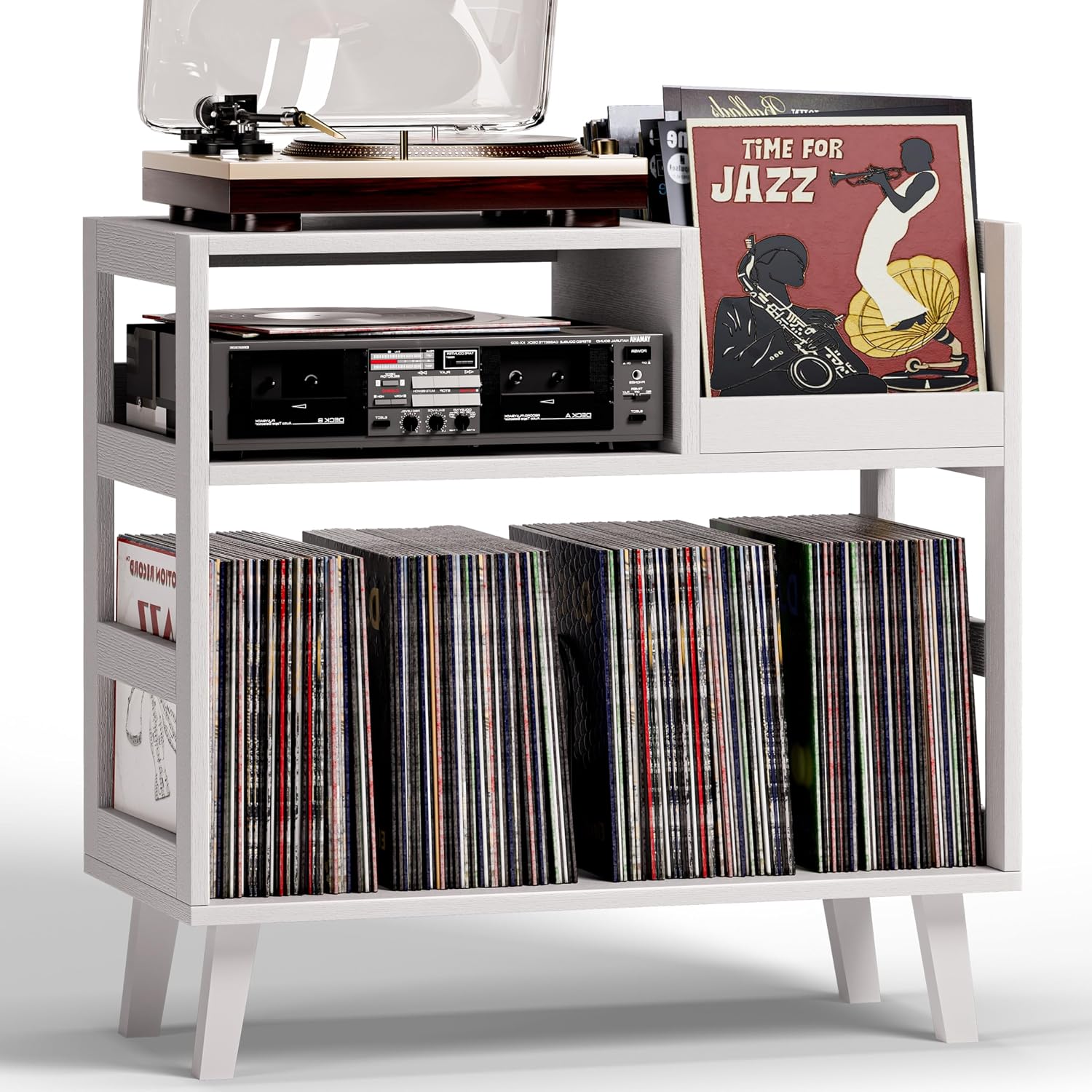 Record Player Stand with Vinyl Storage, Mid-Century Modern Turntable Stand Holds 150+ Albums, Record Player Table with Metal Dividers, Wood Media Console for Living Room (White, Single-Sided Medium)