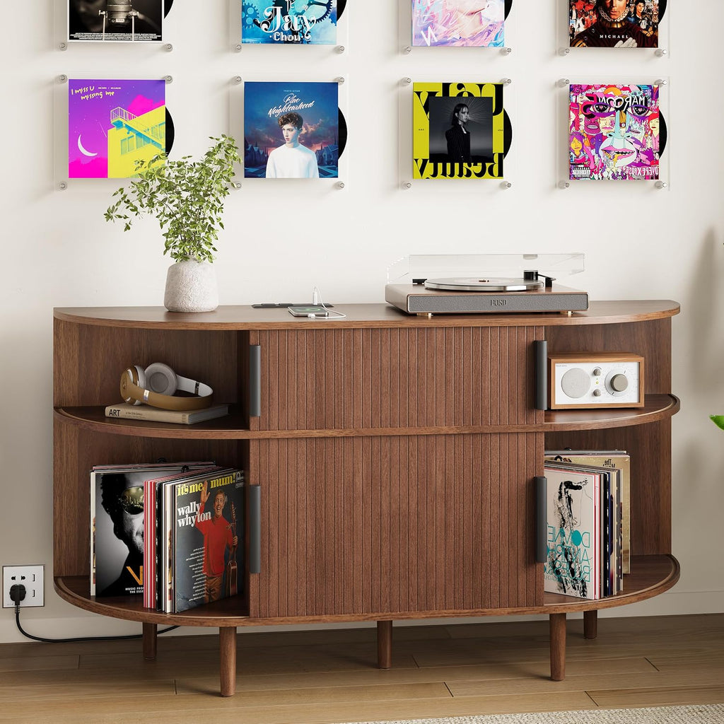 Large Record Player Stand, 55'' Wood Vinyl Record Storage Cabinet with Charging Station & USB Ports, Curved Turntable Table Open Shelf Holder Up to 300 Albums for Living Room(Walnut)