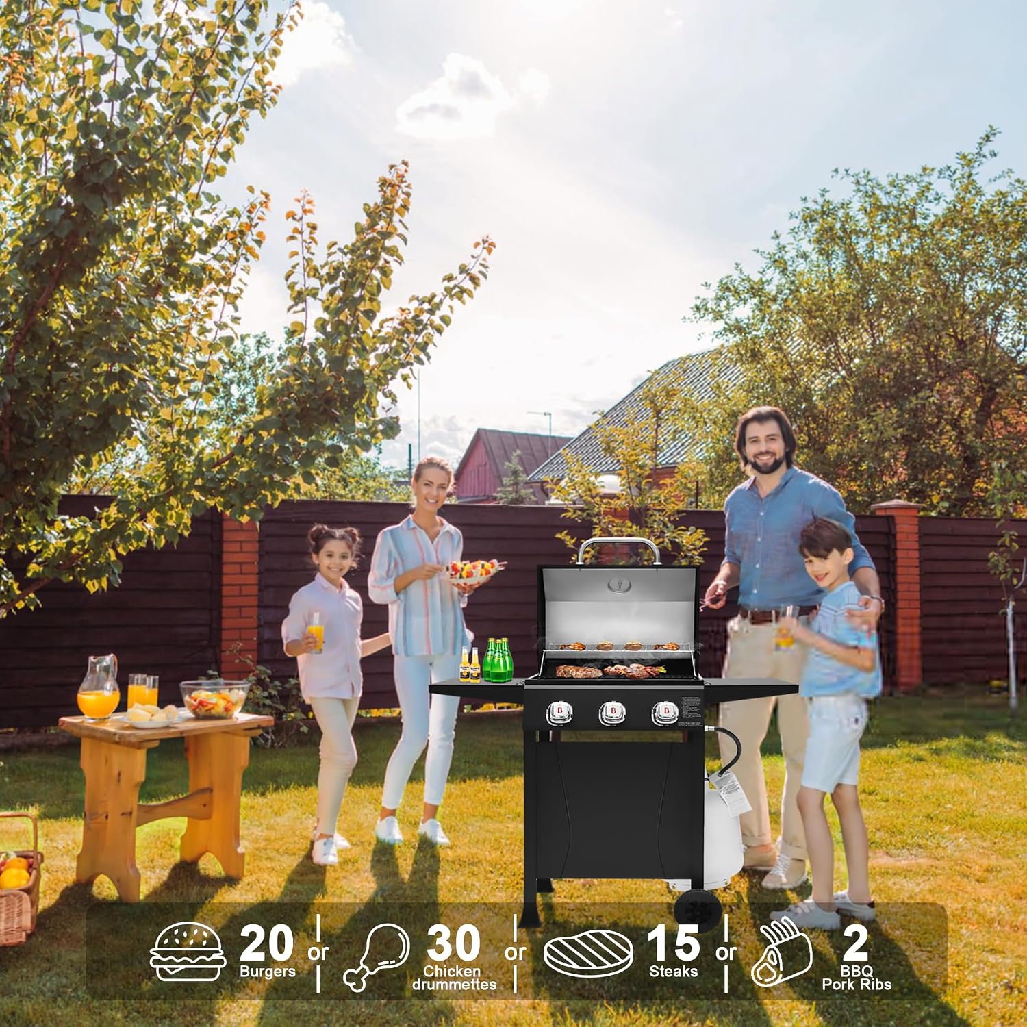 BRANDMAN GRILLS SINCE 1987 3-Burner Propane Gas Grill, 27,000 BTU BBQ Grill with Porcelain-Enameled Grates, Built-In Thermometer, Side Shelves, Heavy-Duty Wheels – Outdoor Grill for Patio & Backyard