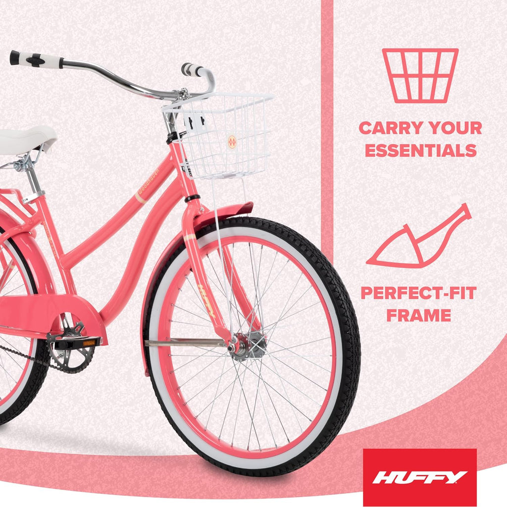 Huffy Cruiser Bike, Fairmont or Woodhaven Model, 20/24/26 Inch Sizes, Perfect for Casual Rides, Ergonomic Design, Rear Rack and Basket on Woodhaven Model, Simple Coaster Brakes, Multiple Color Options