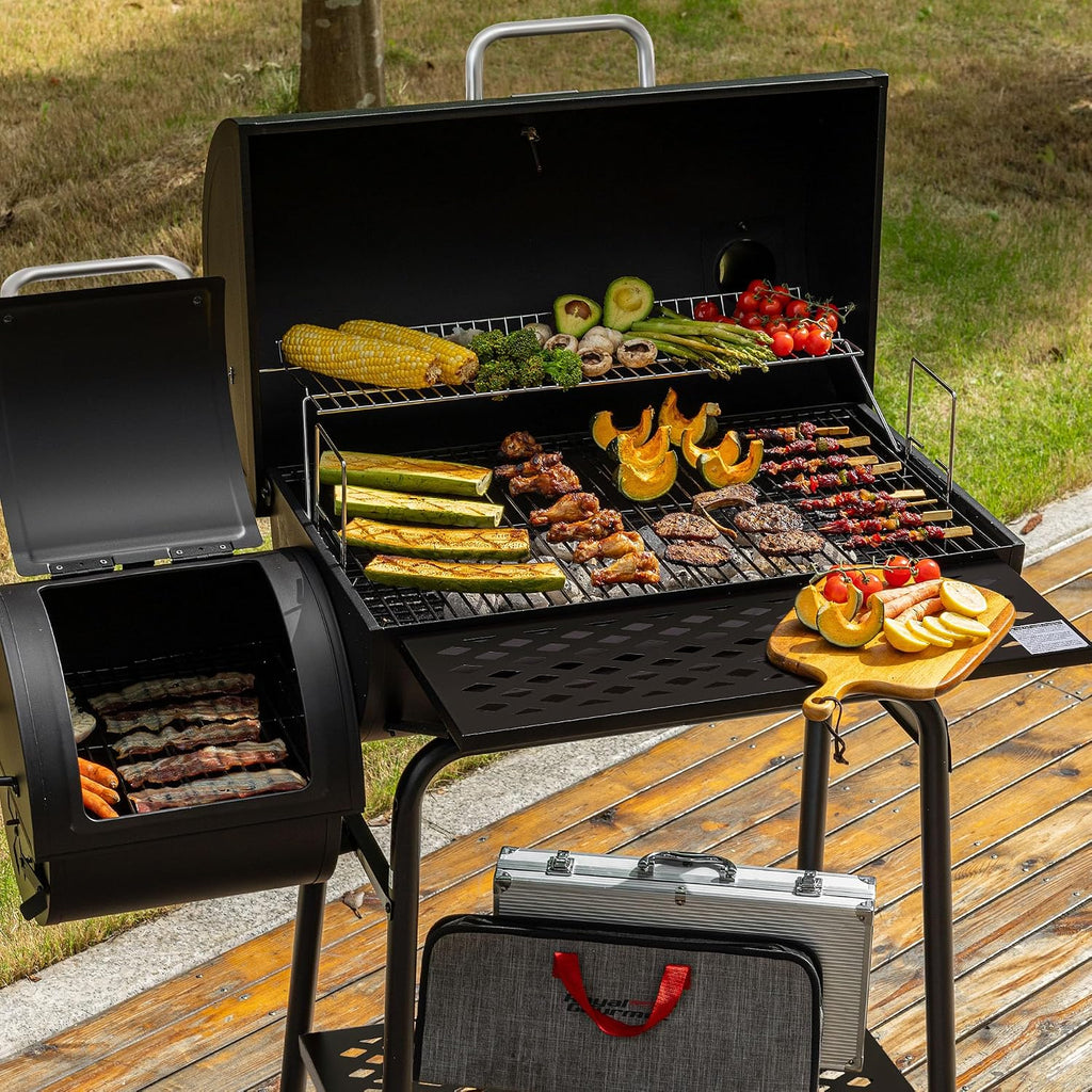 Royal Gourmet CC1830FC 28-Inch Barrel Charcoal Grill with Offset Smoker, 840 Sq. In. Cooking Area, Front Shelf, Charcoal Grill for Outdoor Grilling and Backyard Cooking, Black