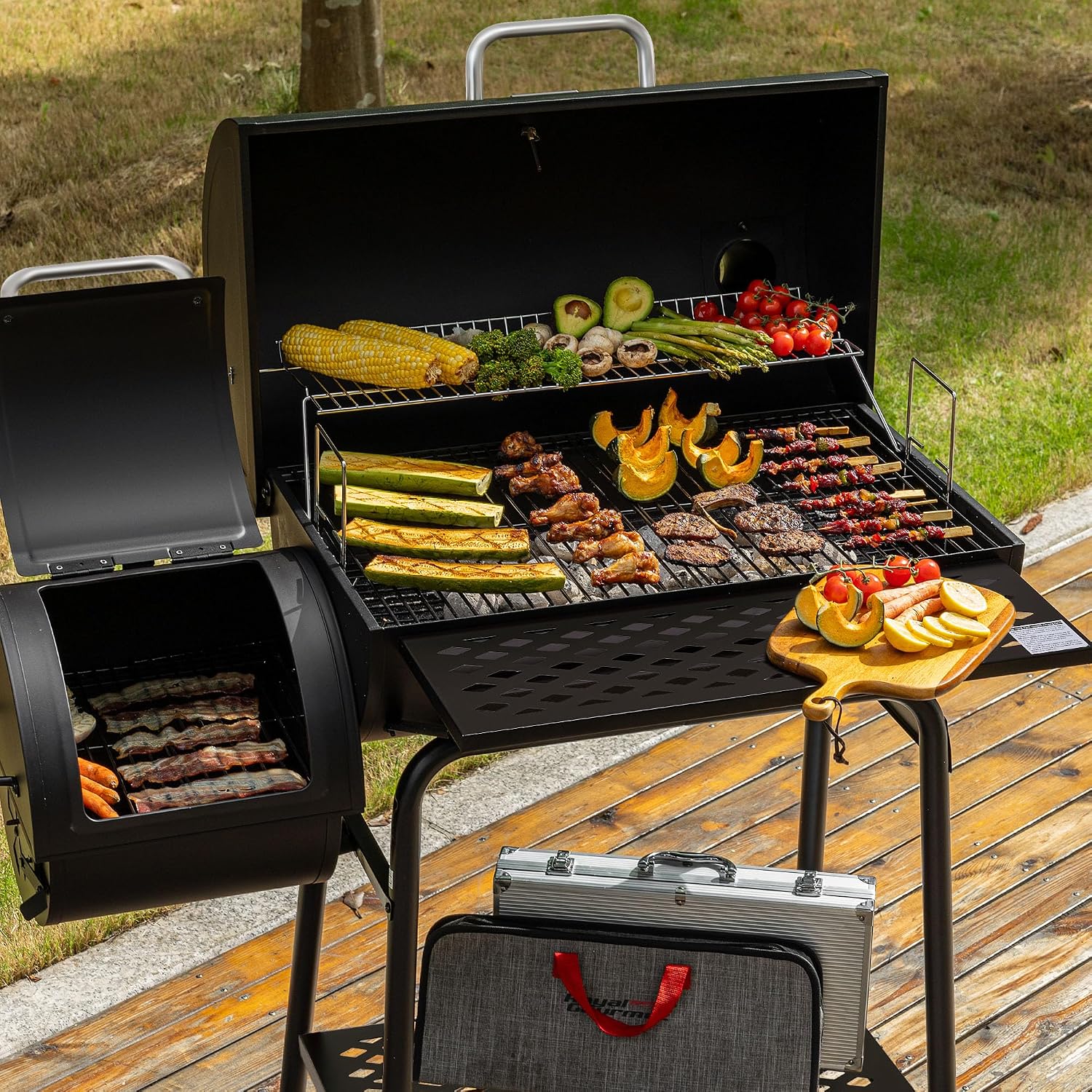 Royal Gourmet CC1830FC 28-Inch Barrel Charcoal Grill with Offset Smoker, 840 Sq. In. Cooking Area, Front Shelf, Charcoal Grill for Outdoor Grilling and Backyard Cooking, Black
