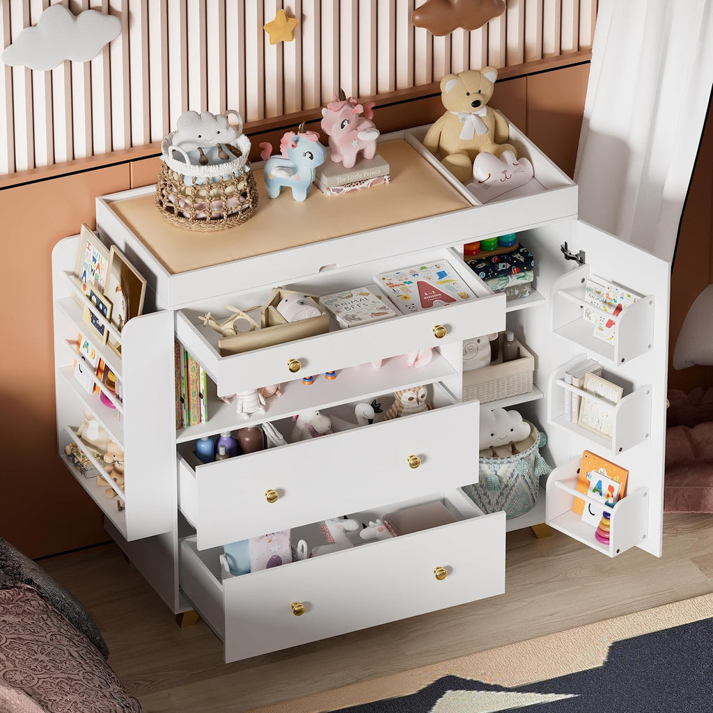 FURNJOYLIFE Nursery Dresser with Baby Changing Table, Modern Diaper Changing Station,Dresser for Nursery with 3 Drawers & Shelves, Storage Crib with Changing Table, White