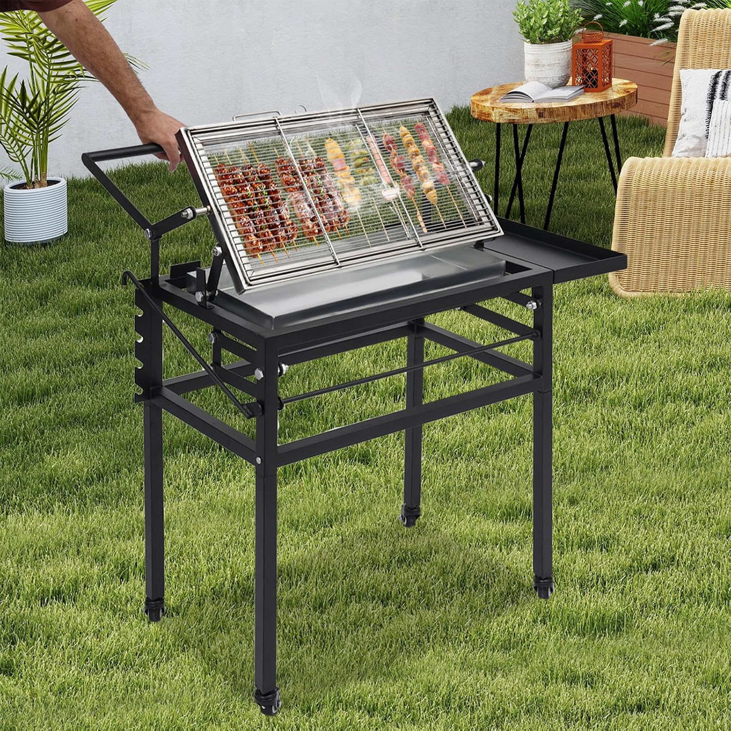 Charcoal Flip Grill, 360° Rotating Barbecue Grill for Camping with Adjustable Charcoal Tray & Clip Grid Portable Outdoor BBQ Grill On Wheels with Detachable Legs and Side Condiment Area