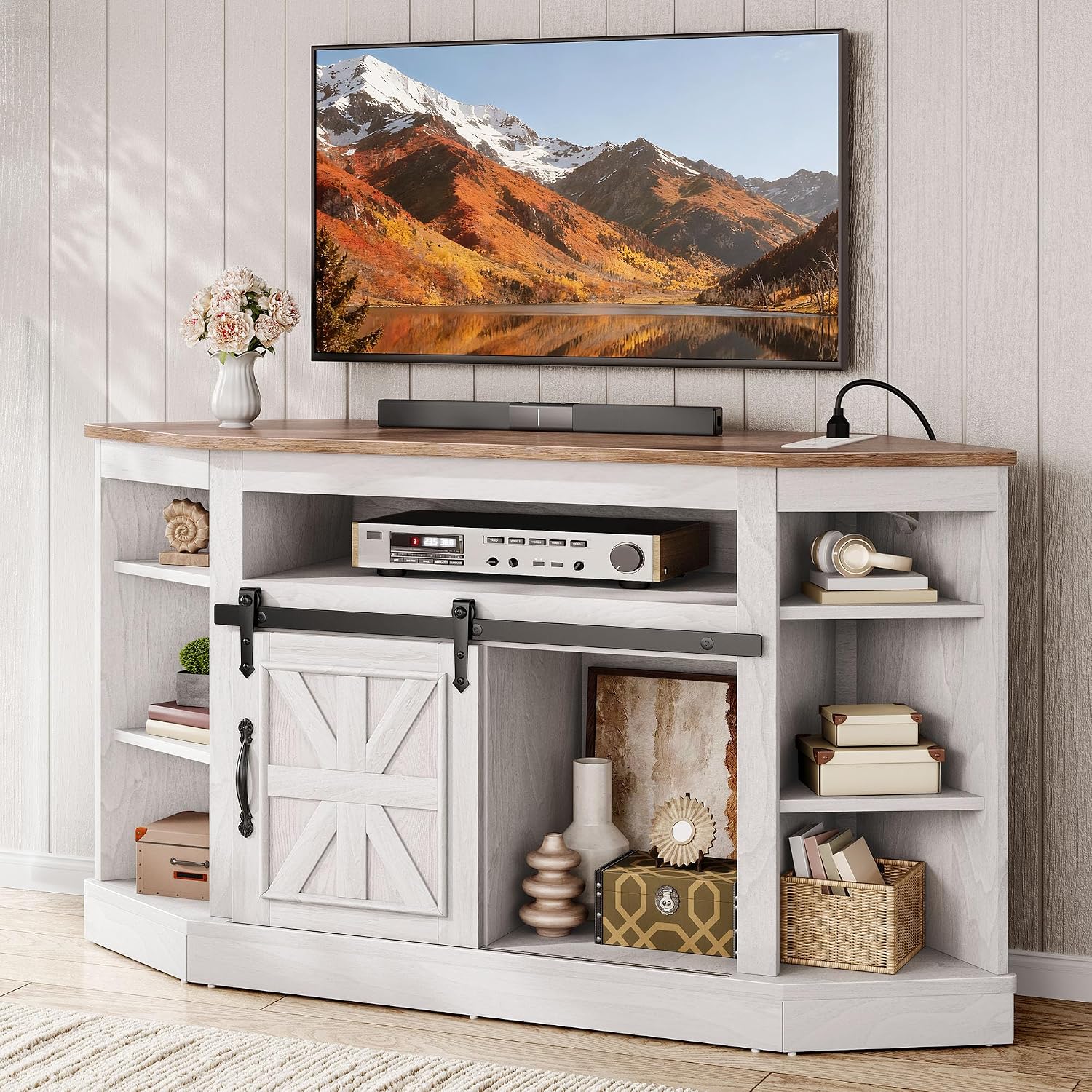 YITAHOME Corner TV Stand for 50 Inch TV, Farmhouse Entertainment Center with Storage & Power Outlet, TV Console Cabinet and Sliding Barn Door for Living Room, Grey Wash & Grey White