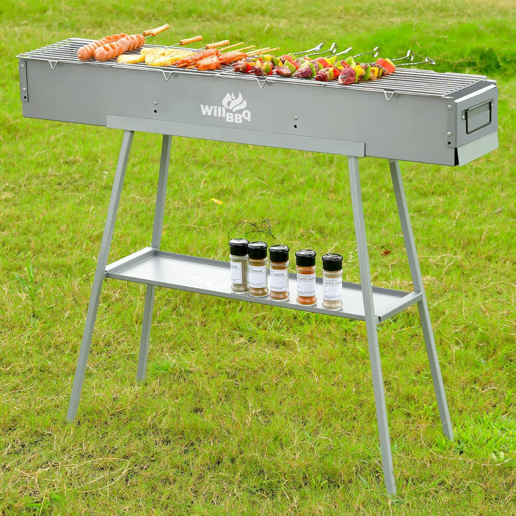 WILLBBQ Charcoal Grill for Tailgate Patio Beach Backyard, Alloy Steel BBQ Barbecue Outdoor Grilling with Durable Support Frame and Dual Adjustable Vents (39.4x7.1x5.1 inch With Accessories)