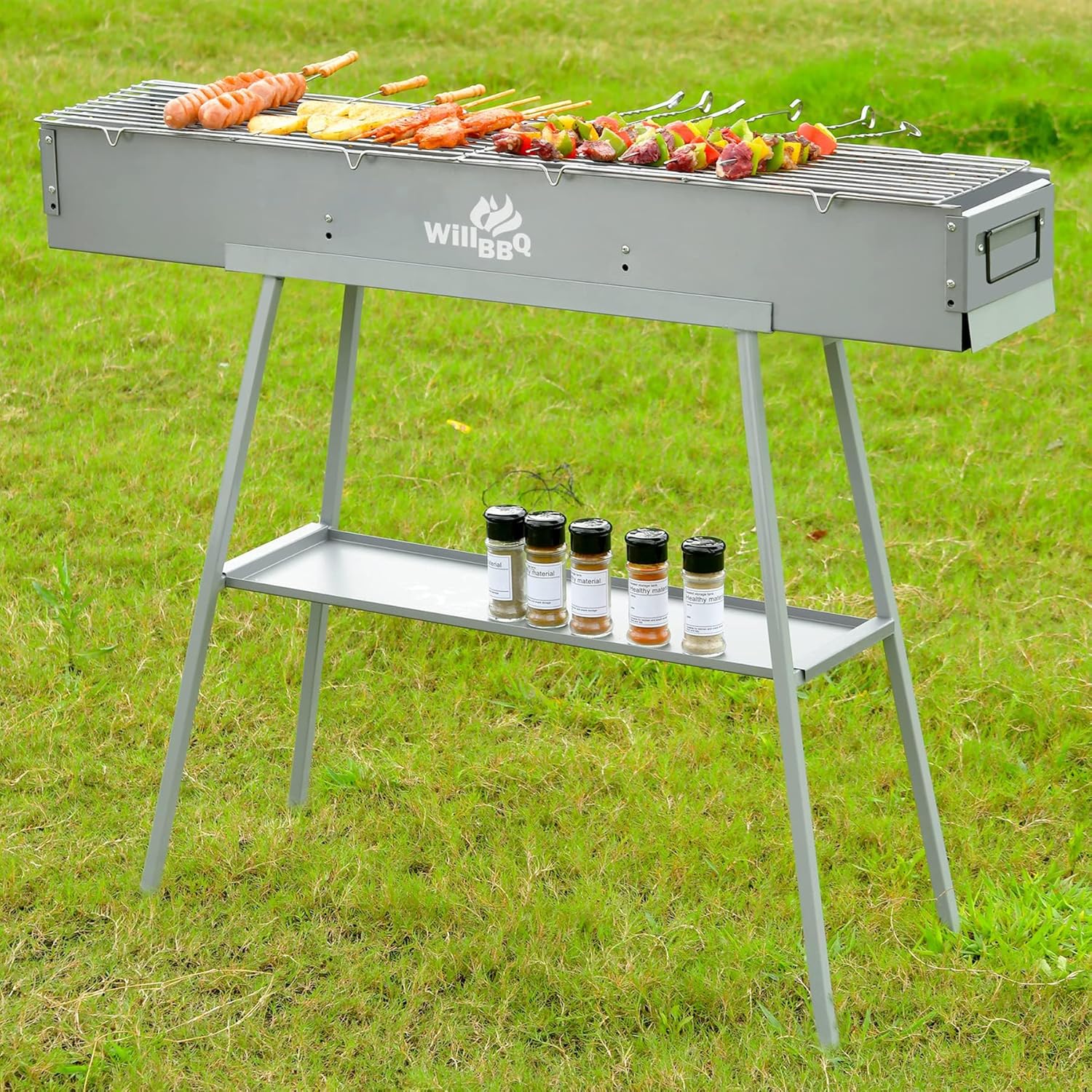WILLBBQ Charcoal Grill for Tailgate Patio Beach Backyard, Alloy Steel BBQ Barbecue Outdoor Grilling with Durable Support Frame and Dual Adjustable Vents (39.4x7.1x5.1 inch With Accessories)