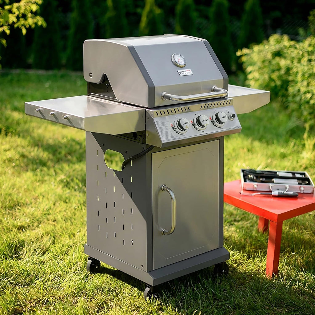 Royal Gourmet GG3001S 3 Burner Propane Gas Grill with Warming Rack, Stainless Steel Cabinet Style Gas Grill with 25,500 BTUs Output for Barbecue Grilling & Backyard Cooking, Silver