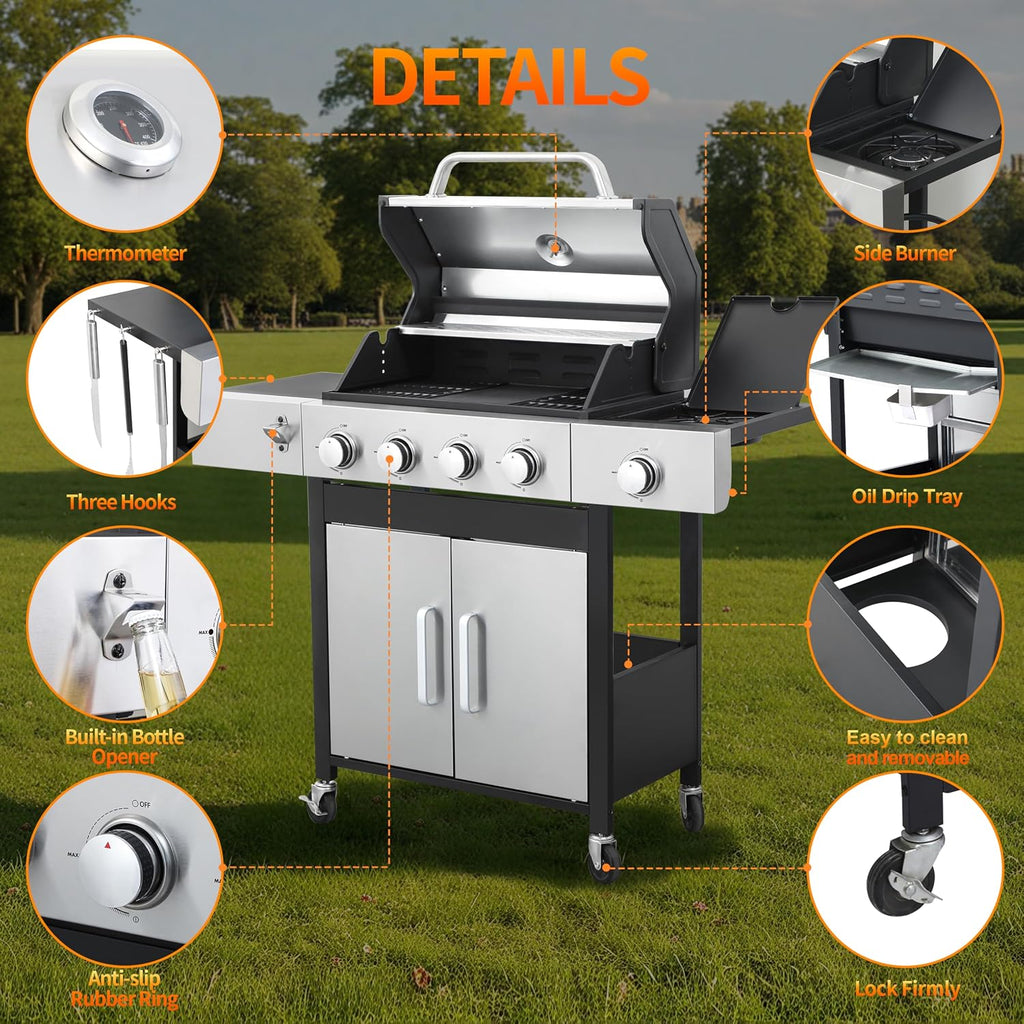 Propane Gas Grill 4 Burner, 49,000 BTU Outdoor BBQ Grill with Side Burner, Porcelain Cast Iron Grates & Stainless Steel, Fast Heating for Backyard, Camping, Tailgating