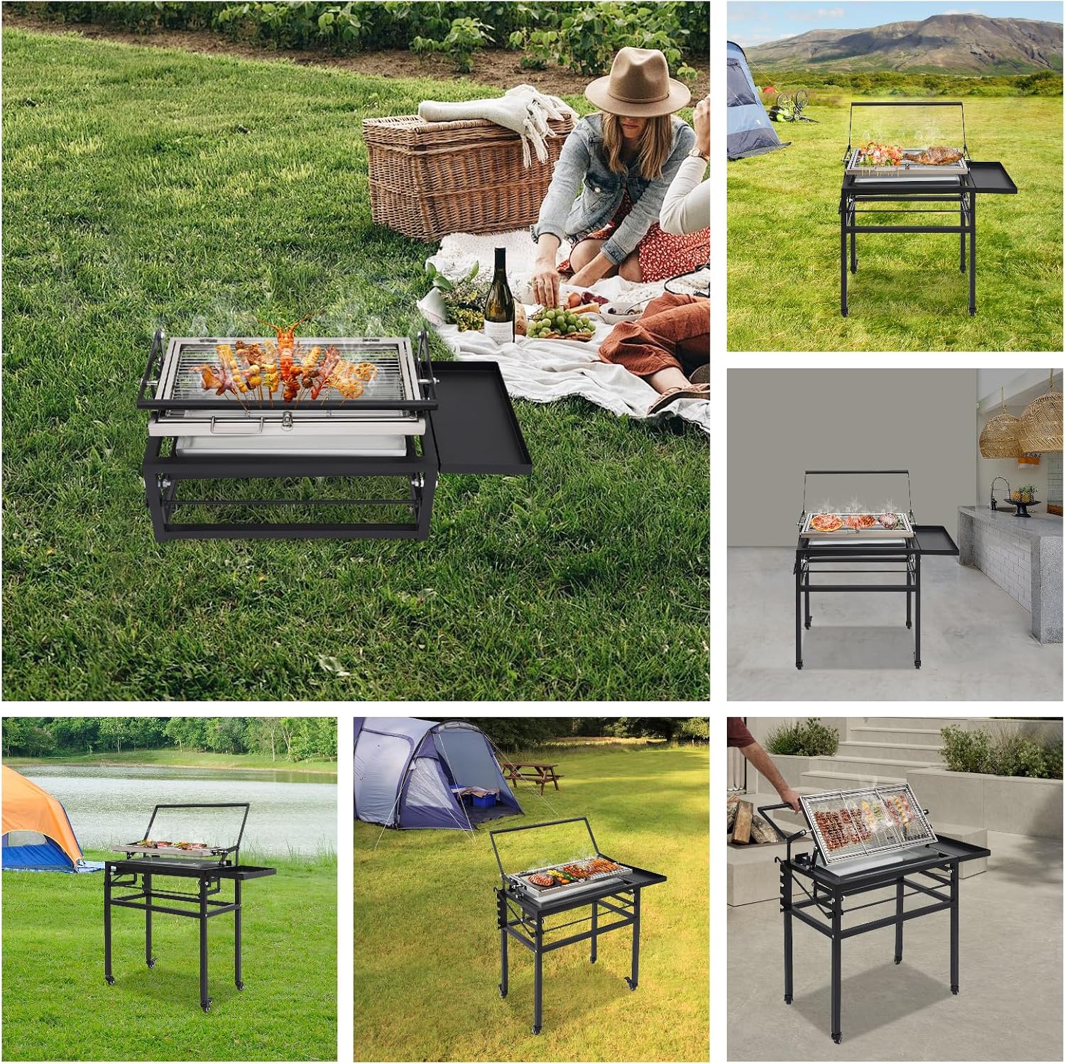 Vertical Charcoal Rotating Grill, Small Flip BBQ Grill with 360° Basket, Adjustable Height, Removable Legs, Portable Tabletop Option, Rolling Wheels, Outdoor Patio & Camping, Alloy Steel, Black