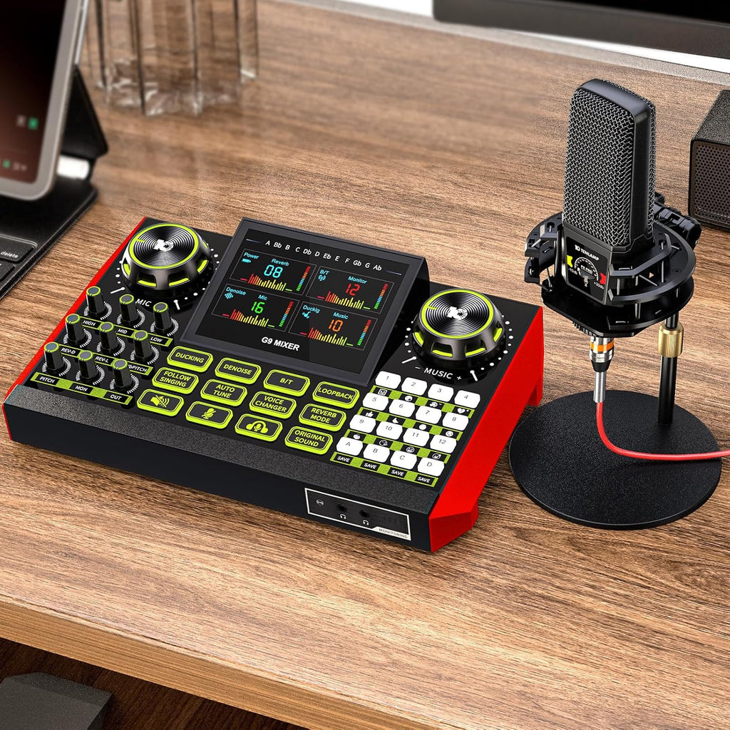 Podcast Microphone Bundle with Live Sound Card Audio Mixer, Podcast Equipment Bundle with 3.5mm Condenser Microphone for Pc/Phone Live Streaming Singing Gaming, Sound Board with Voice Changer, Denoise
