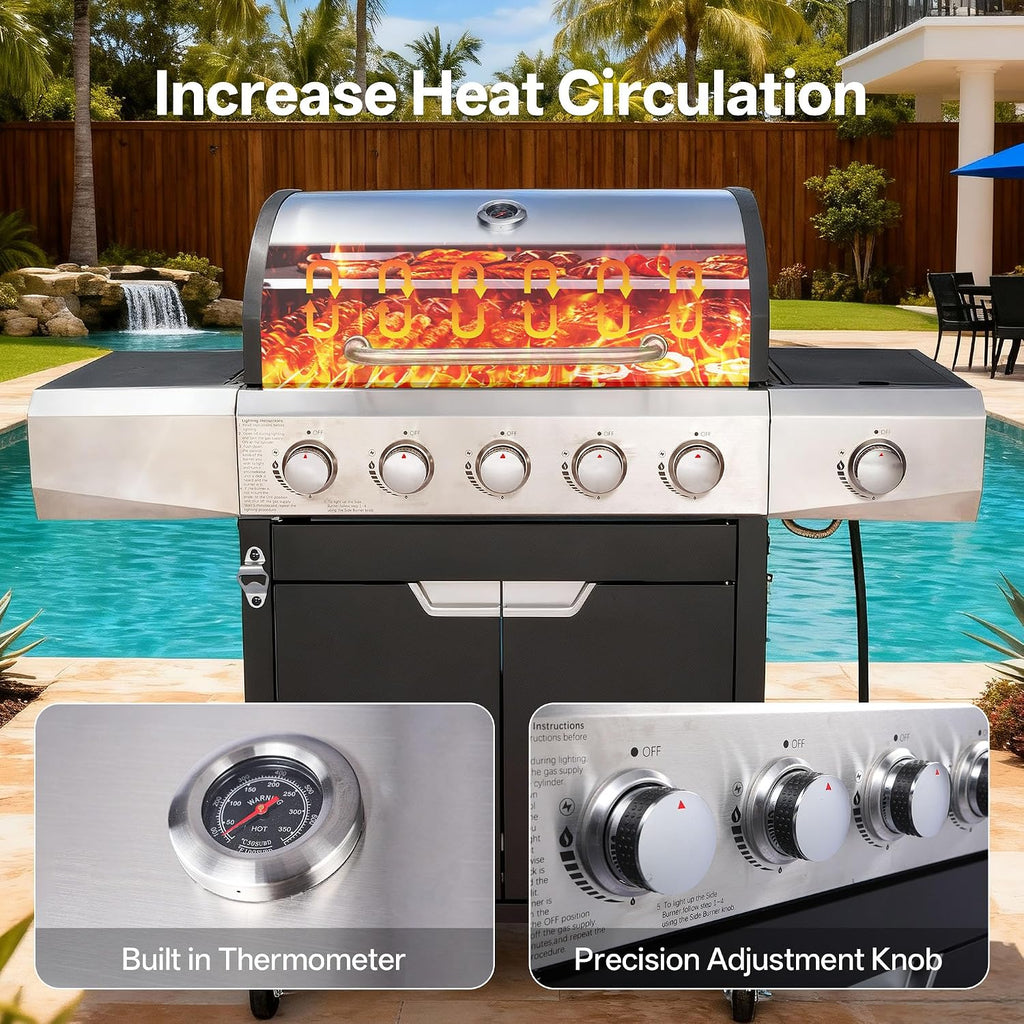 Endark 5-Burner 58,500 BTU Stainless Steel Outdoor Propane Gas Grill with Side Burner & Porcelain Grates | Wheeled BBQ Grill for Patio, Garden, Backyard