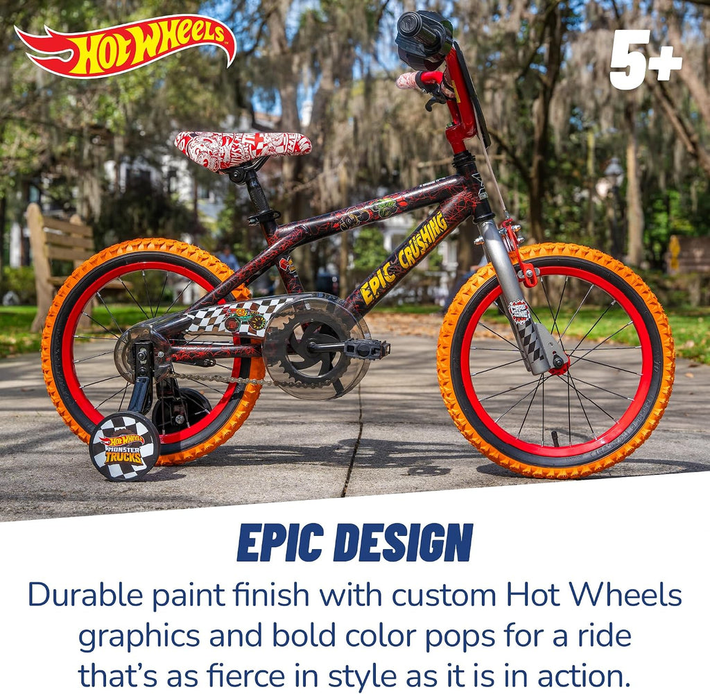 Dynacraft Hot Wheels Boys BMX Bikes Sizes 12' - 18' for Ages 3-9 Years in red, Black, with Handlebar rev Grip Play Feature