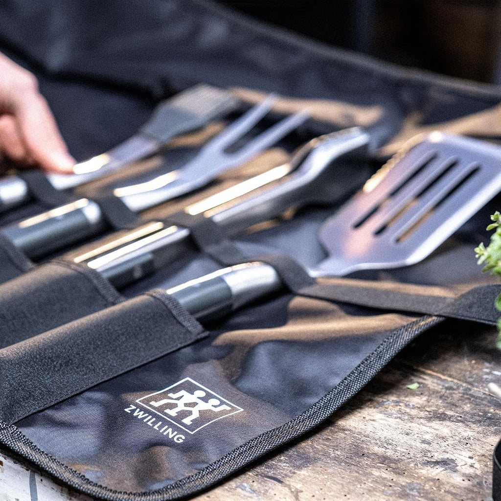 ZWILLING BBQ+, 5-pc Grill Tool Set, Grill Spatula, Grill Tongs, Grill Fork, Basting Brush, Chef's Wrap, Made from Durable and Corrosion-Resistant Stainless Steel, Travel Friendly, Easy-to-Clean