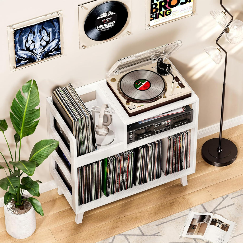 Record Player Stand with Vinyl Storage, Mid-Century Modern Turntable Stand Holds 150+ Albums, Record Player Table with Metal Dividers, Wood Media Console for Living Room (White, Single-Sided Small)