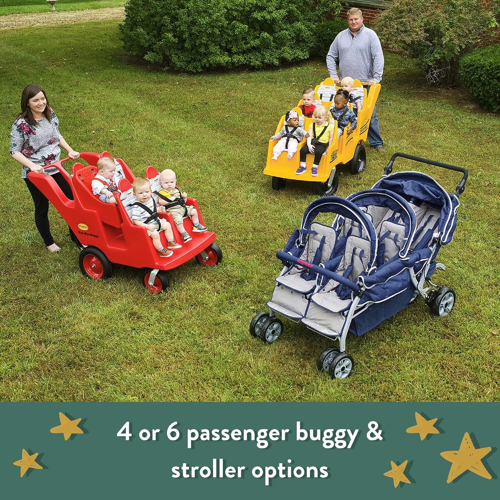 Angeles Bye Bye Buggy 4 Passenger Stroller, Sturdy Daycare Stroller with Fat Tires, Easy-to-Fasten Safety Buckles, Parking Brake, & 360 Pivoting Wheels, Red with Stripe Cushions