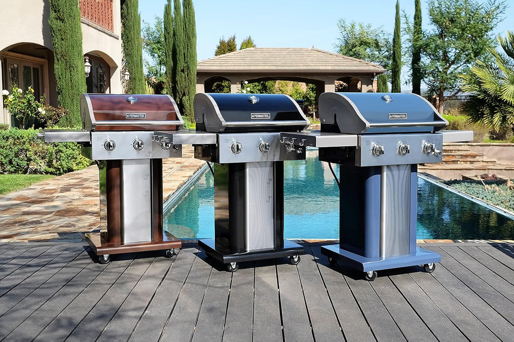 Permasteel 3-Burner Propane Gas Grill, 30,000 BTUs BBQ Grill with Cast Iron Grates, Foldable Side Tables & Tool Hooks, Outdoor Grill, Mocha