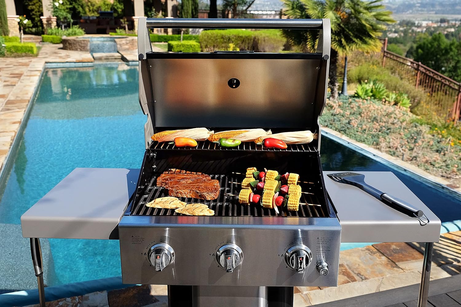 Permasteel 3-Burner Propane Gas Grill, 30,000 BTUs BBQ Grill with Cast Iron Grates, Foldable Side Tables & Tool Hooks, Outdoor Grill, Black