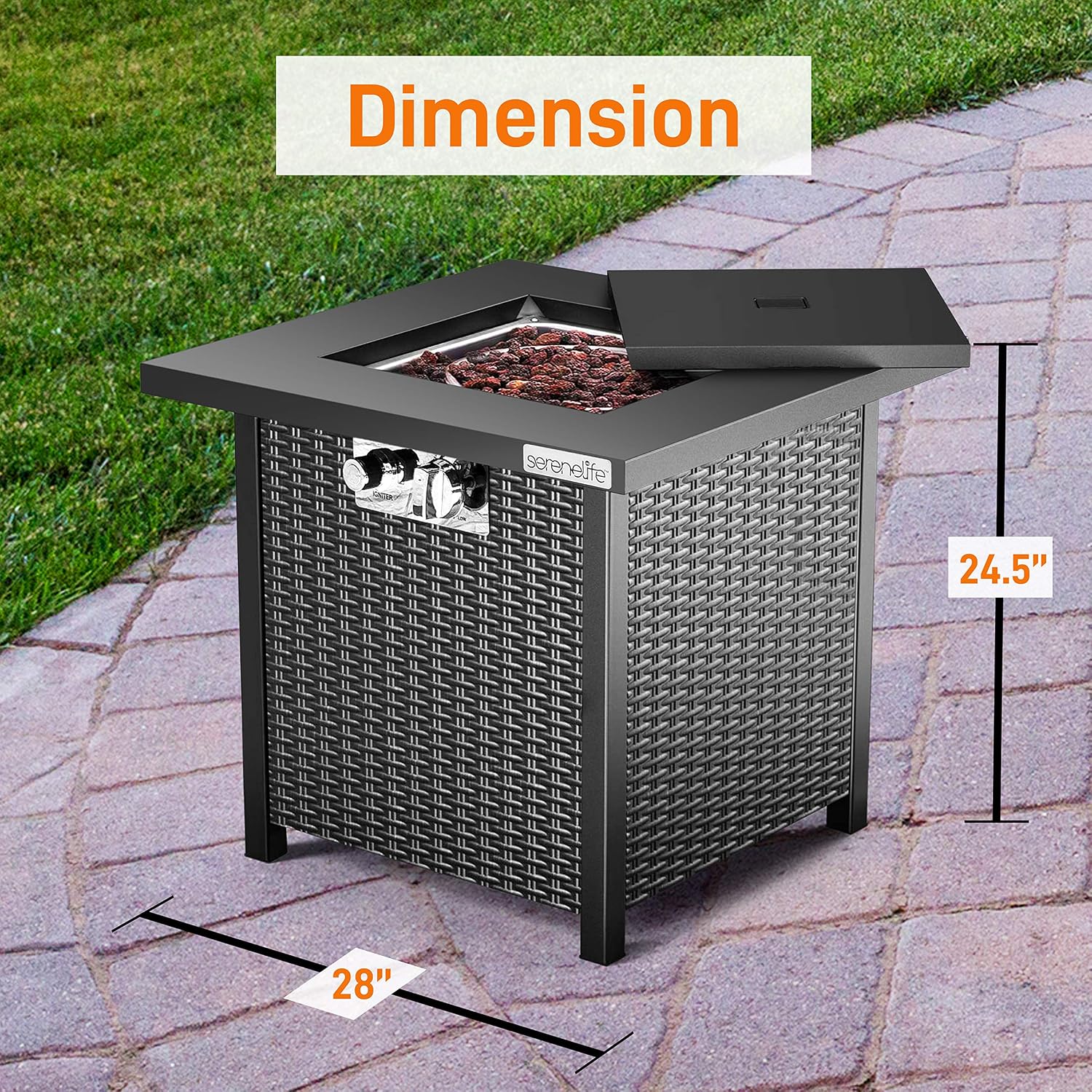 Outdoor Propane Fire Pit Table - CSA Approved Safe 40,000 BTU Pulse Ignition Propane Gas Fire Table - Steel Tabletop, Rattan-Look Steel Panel, 6.6 Lbs Decorative lave Rock Set - SereneLife SLFPS3
