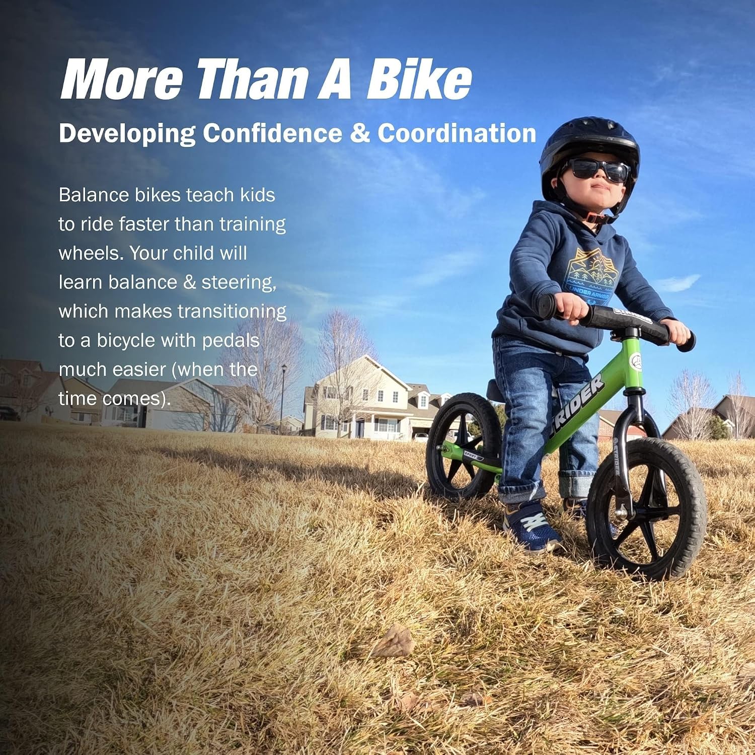 Strider 12' Sport Bike - No Pedal Balance Bicycle for Kids 1 to 4 Years - Includes Safety Pad, Padded Seat, Mini Grips & Flat-Free Tires - Tool-Free Assembly & Adjustments