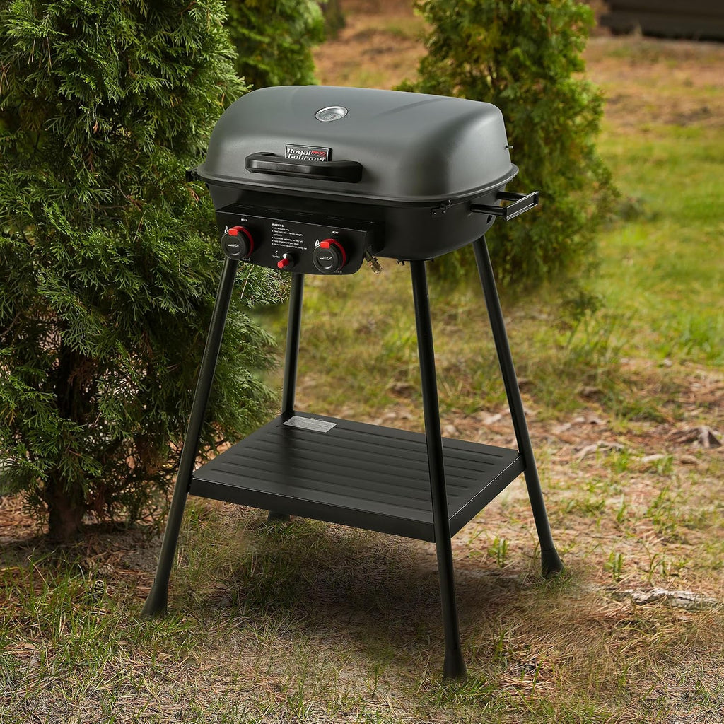 Royal Gourmet GT2003 Portable 2 Burner Propane Gas Grill with Stand and Warming Rack, 2-in-1 Grill Griddle Combo with 17,000 BTUs Output forCamping, Tailgating, Backyard, Gray