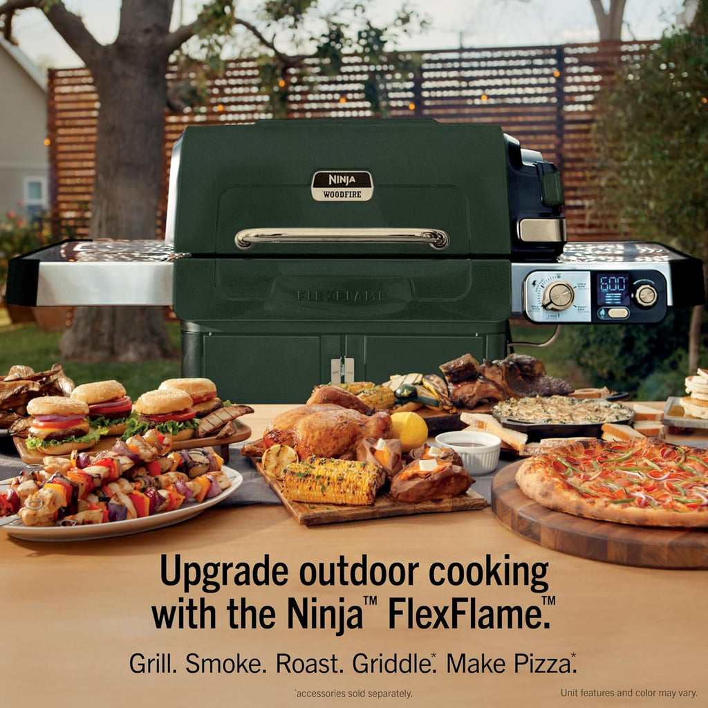 Ninja FlexFlame Grill and Smoker | Electric and Propane Grill, Roaster, BBQ Grill | 5-in-1 Cooking System | 3 Burner | Digital Control | Outdoor Cooking, Griddle, Pizza Maker | Green | PG301GN