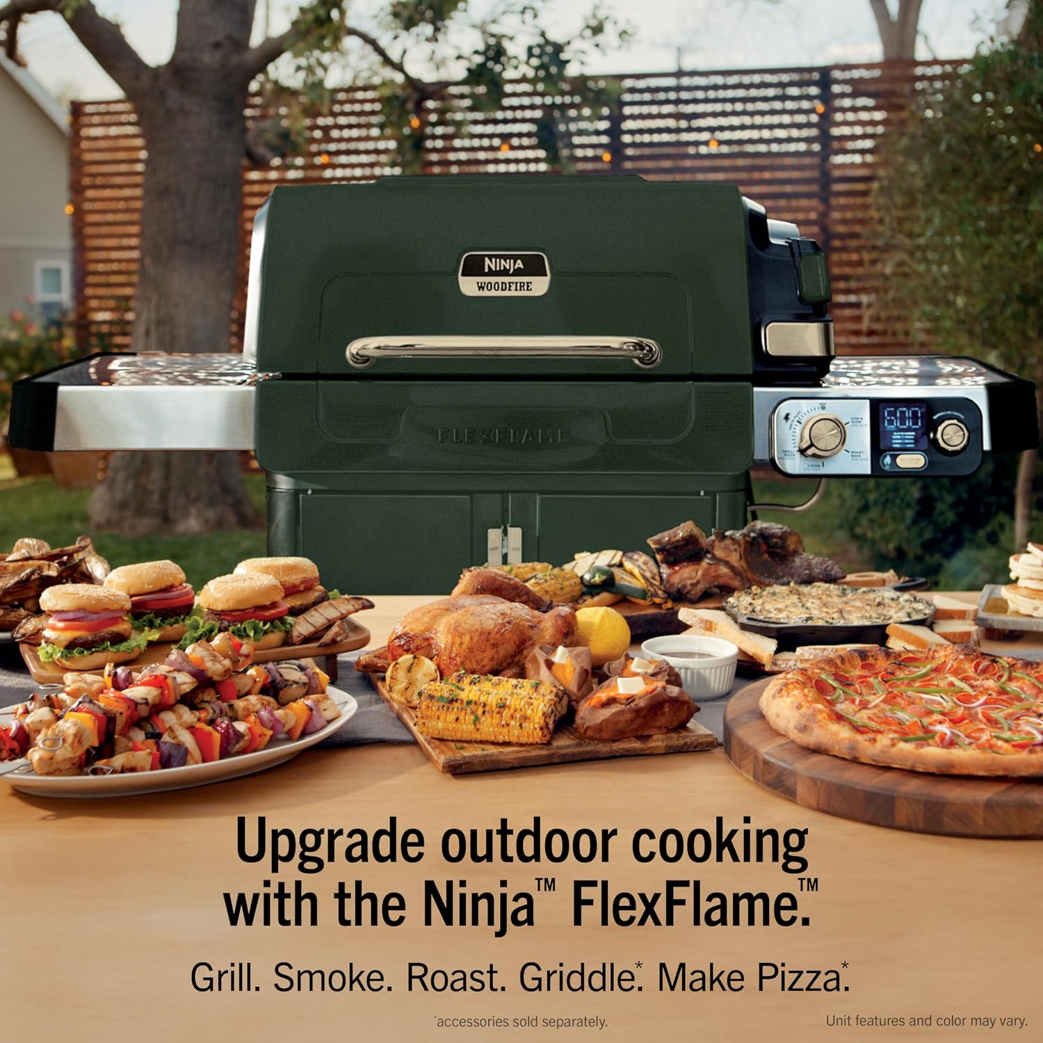 Ninja FlexFlame Grill and Smoker | Electric and Propane Grill, Roaster, BBQ Grill | 5-in-1 Cooking System | 3 Burner | Digital Control | Outdoor Cooking, Griddle, Pizza Maker | Green | PG301GN