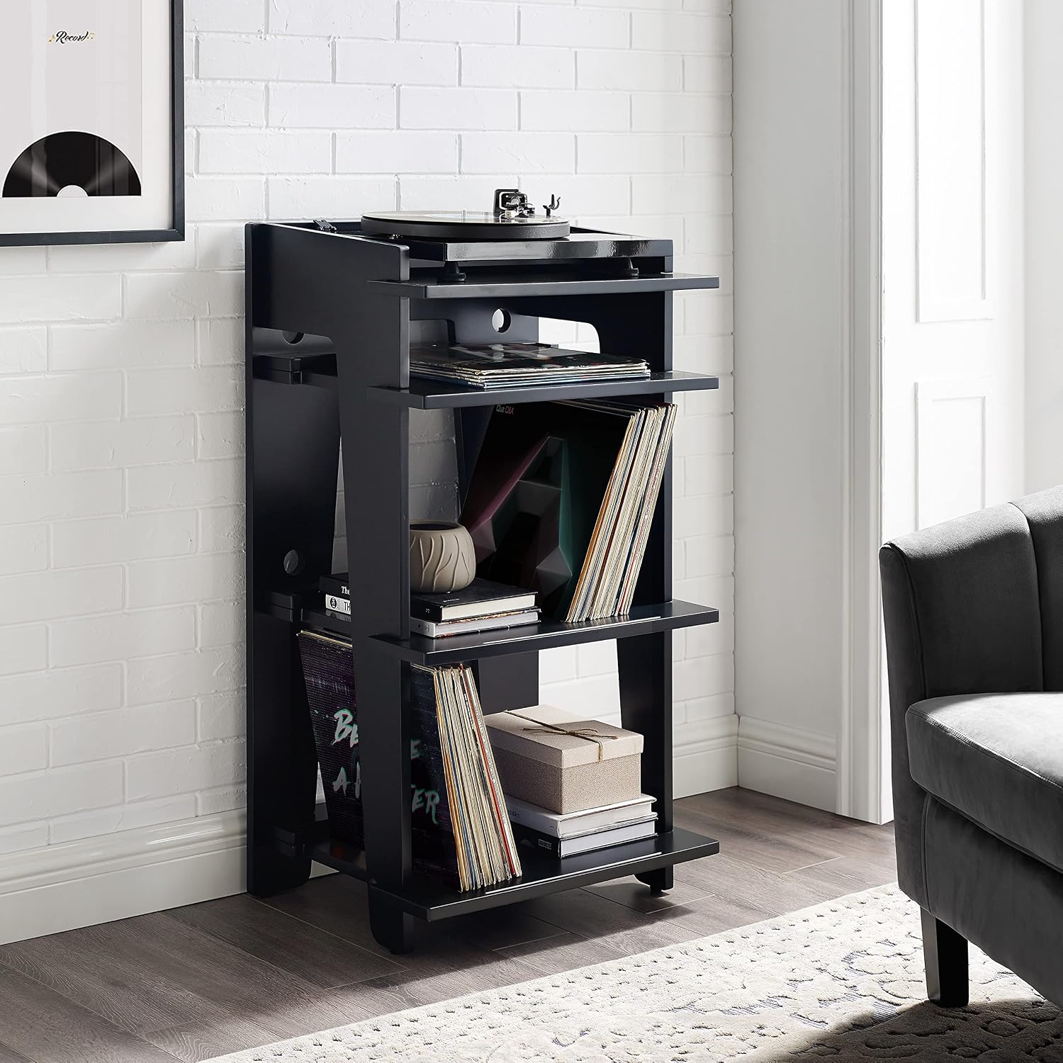 Crosley Furniture Soho Record Player Stand, Media Console with Vinyl Storage, Modern Home Organizer, Black