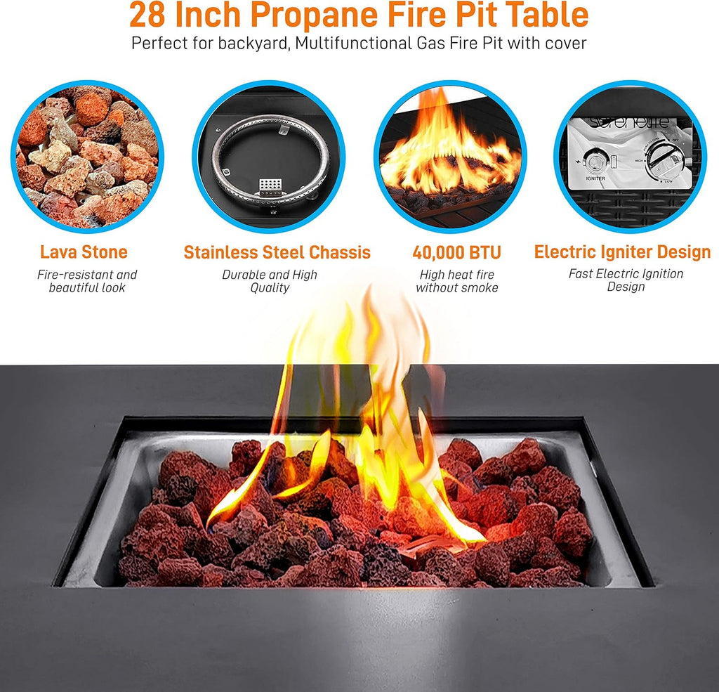 Outdoor Propane Fire Pit Table - CSA Approved Safe 40,000 BTU Pulse Ignition Propane Gas Fire Table - Steel Tabletop, Rattan-Look Steel Panel, 6.6 Lbs Decorative lave Rock Set - SereneLife SLFPS3