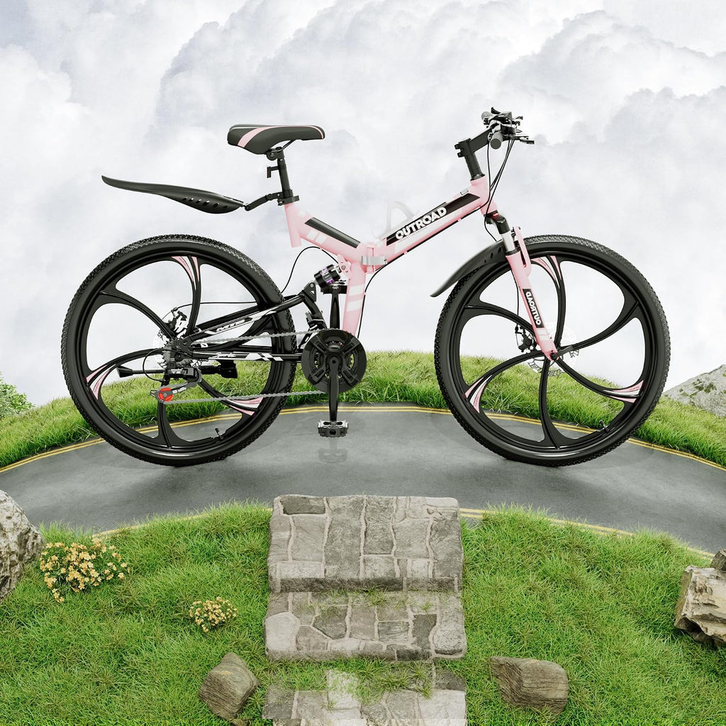 Outroad 26 Inch Folding Mountain Bike, 21 Speed Full Suspension High-Carbon Steel MTB Foldable Bicycle, Dual Disc Brake Non-Slip Folding Bikes for Adults/Men/Women, Black, Orange and Green