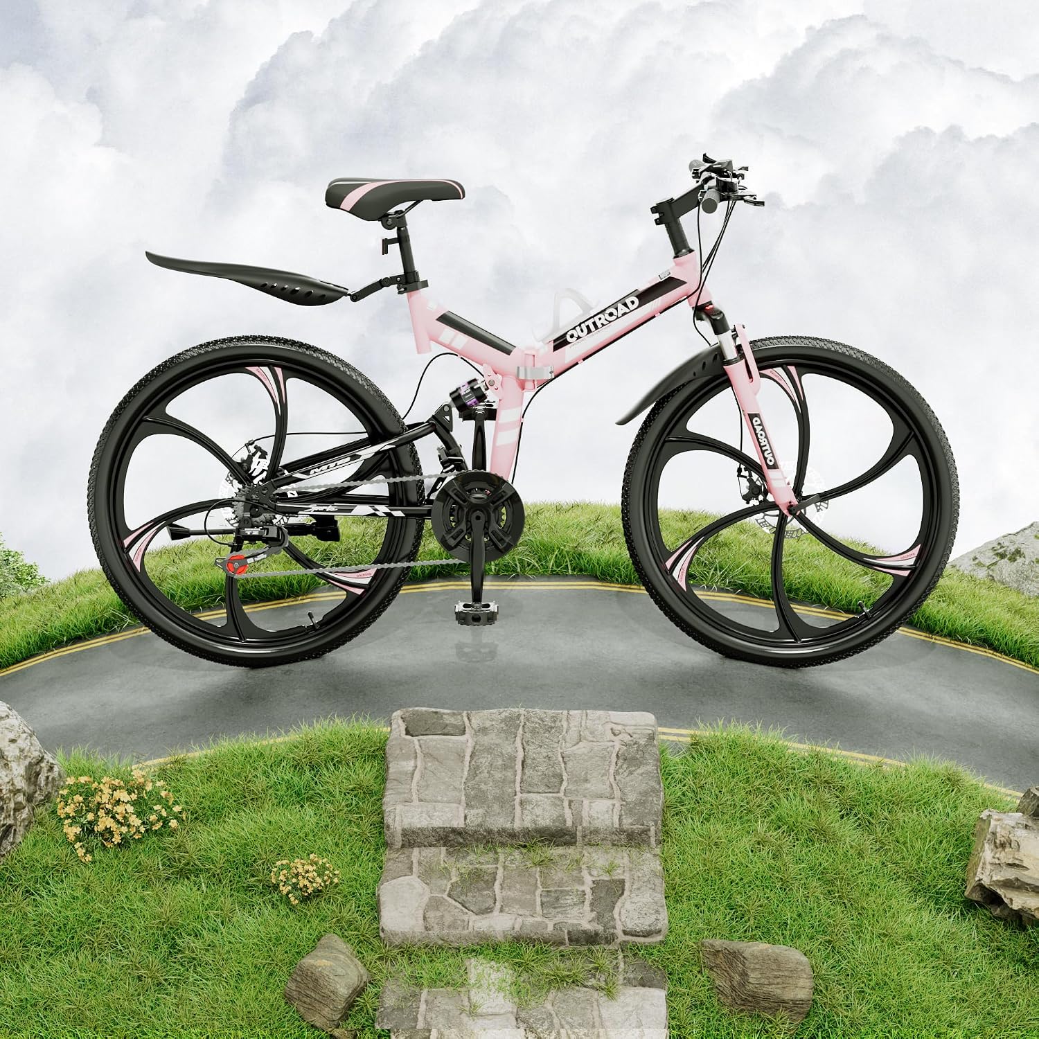 Outroad 26 Inch Folding Mountain Bike, 21 Speed Full Suspension High-Carbon Steel MTB Foldable Bicycle, Dual Disc Brake Non-Slip Folding Bikes for Adults/Men/Women, Black, Orange and Green