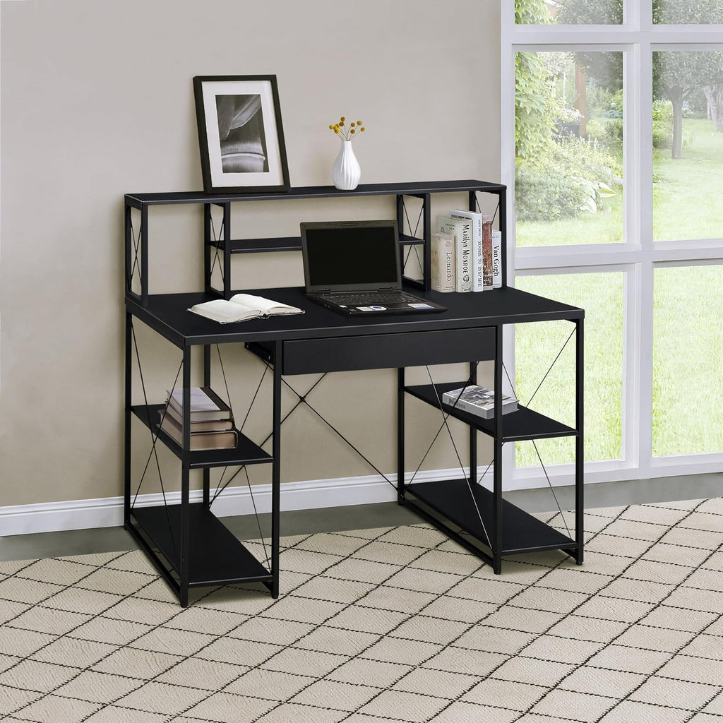 AMNOOL Office Desk with Open Shelves - Stylish Wood Recording Studio Workstation with Drawer and Compartments for Audio Equipment, Cables, and Accessories (Black)