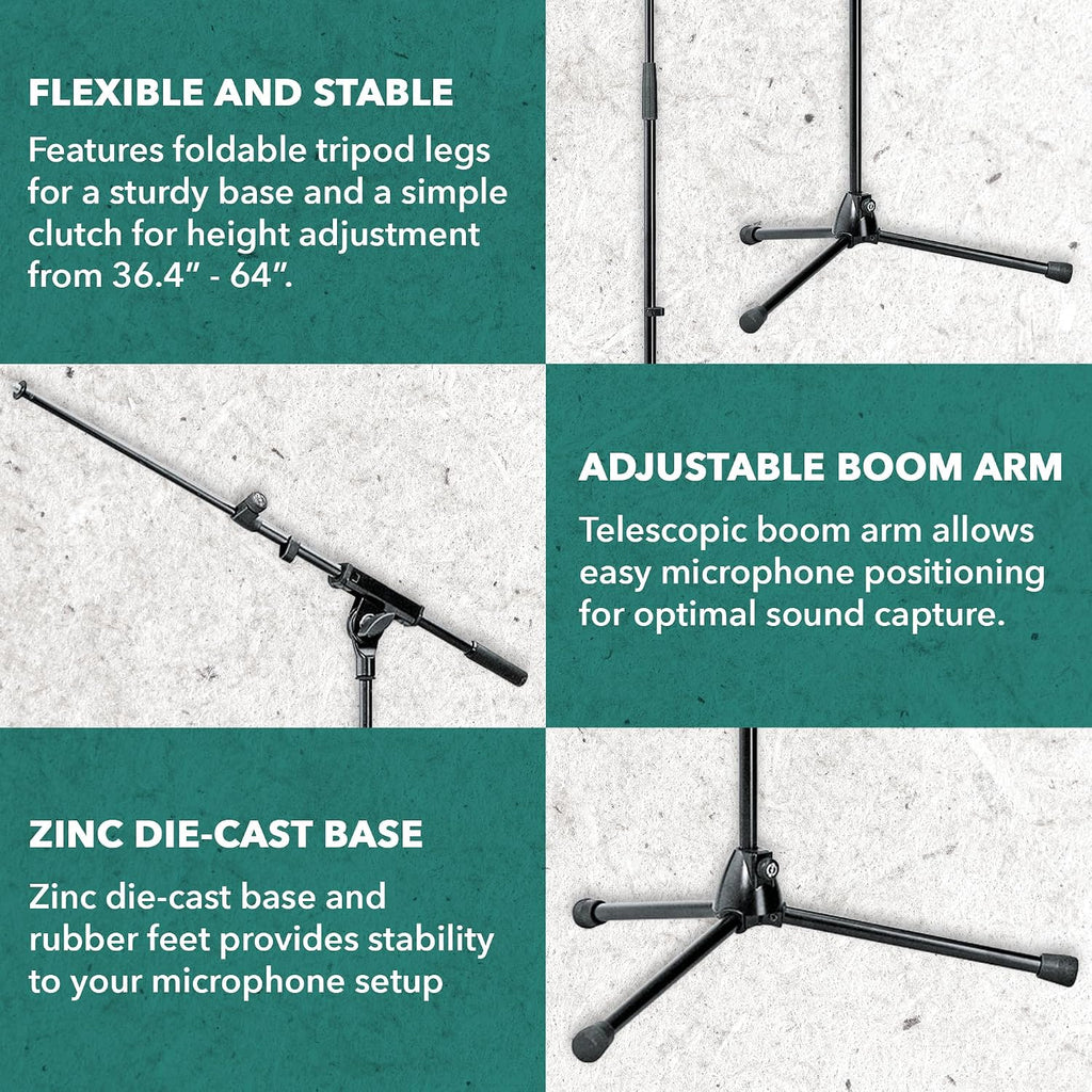 K&M Konig & Meyer 21080.500.55 Tripod Microphone Stand w/Telescoping Boom | Clutch Height Adjustment | Soft-Touch Lock | Folding Leg Design | Zinc Die-Cast Base | German Made | Black