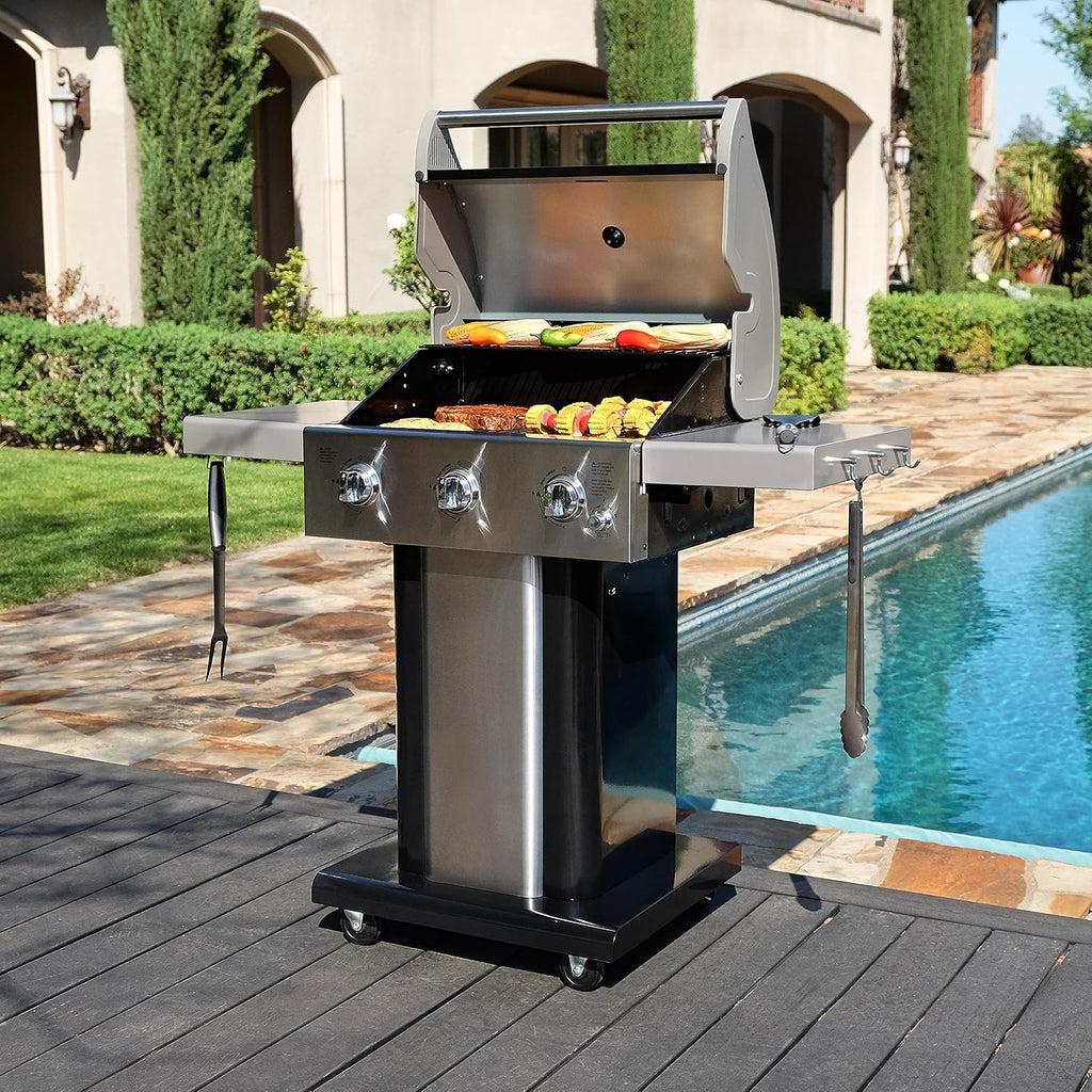 Permasteel 3-Burner Propane Gas Grill, 30,000 BTUs BBQ Grill with Cast Iron Grates, Foldable Side Tables & Tool Hooks, Outdoor Grill, Black