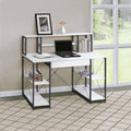 AMNOOL Office Desk with Open Shelves - Stylish Wood Recording Studio Workstation with Drawer and Compartments for Audio Equipment, Cables, and Accessories (White+Black)