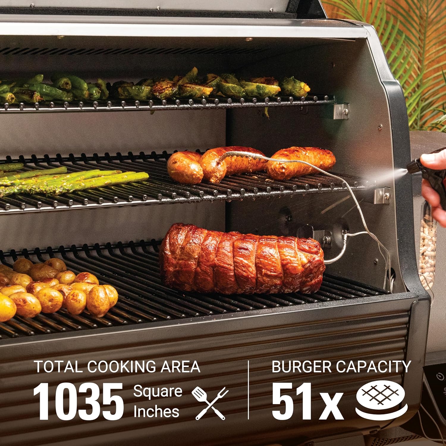 Coleman Cookout 1000 Pellet Grill with 1035-Sq. In. Total Cooking Surface, LED Digital Controller, Timer, 2 Meat Probes, and Side Shelf, Pellet Smoker Grill with Fully Insulated Lid in Black/Gray
