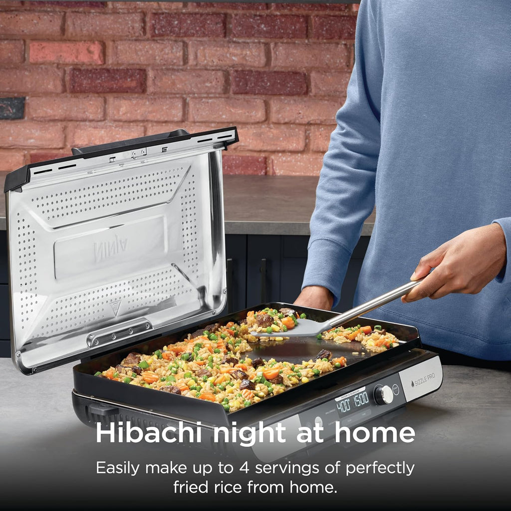 Ninja Sizzle Pro XL 20-Inch Indoor Griddle + Grill, Detachable Ventilated Lid, Grease Control, Ceramic Nonstick Plates, Even Edge Cooking, Extra Large Capacity, Versatile, Silver, GX101