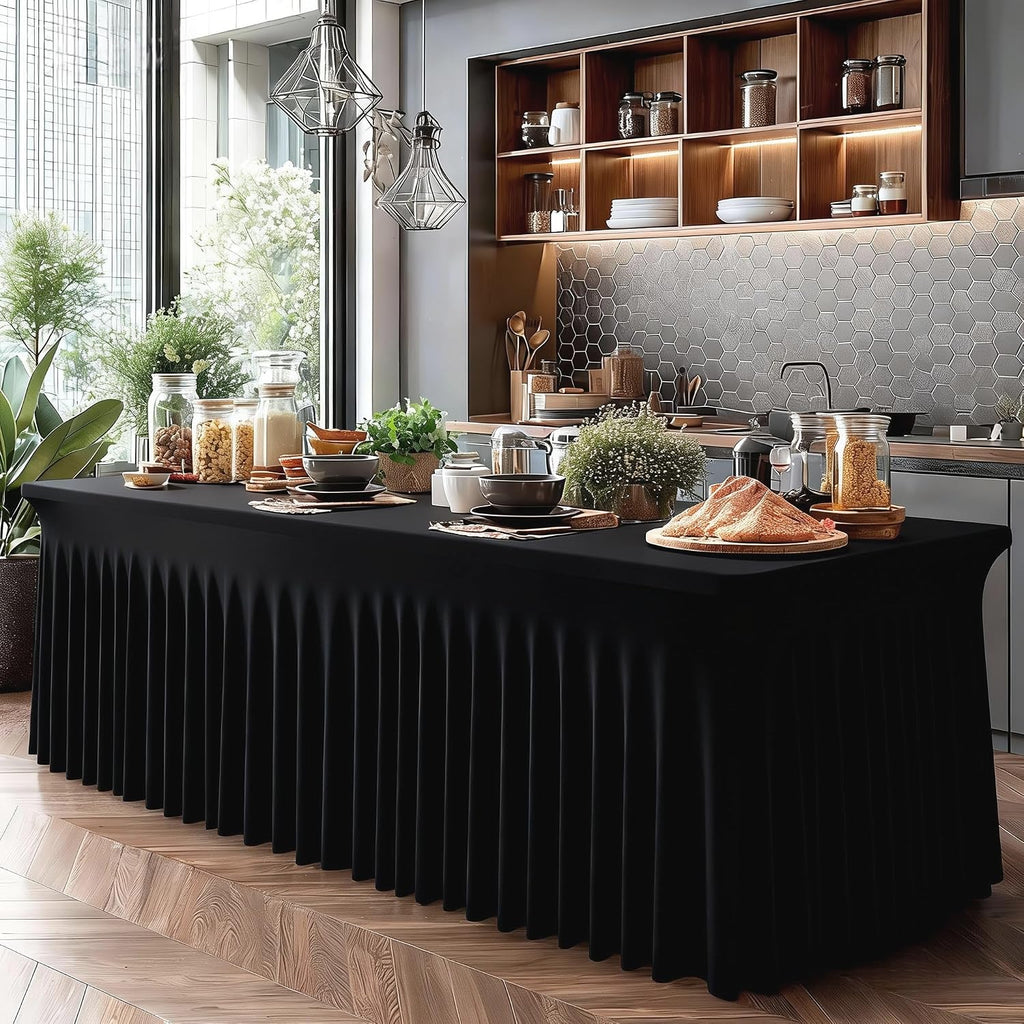 Shillance 6 Packs Black Spandex Table Covers 6 Foot, Fitted Stretch Table Cloth with Skirts 96x30 Inch, Wrinkle-Free Floor Length Rectangle Tablecloths for Trade Show Weddings Parties Banquets Events