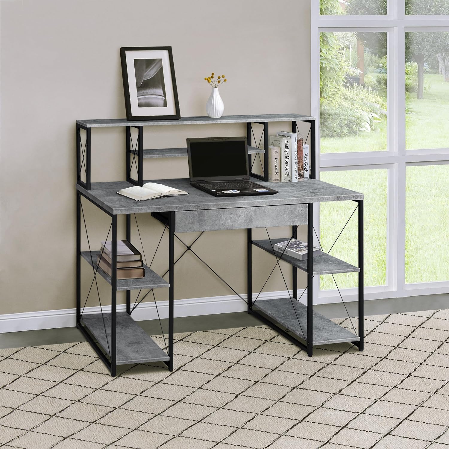 AMNOOL Office Desk with Open Shelves - Stylish Wood Recording Studio Workstation with Drawer and Compartments for Audio Equipment, Cables, and Accessories (Black+Grey)