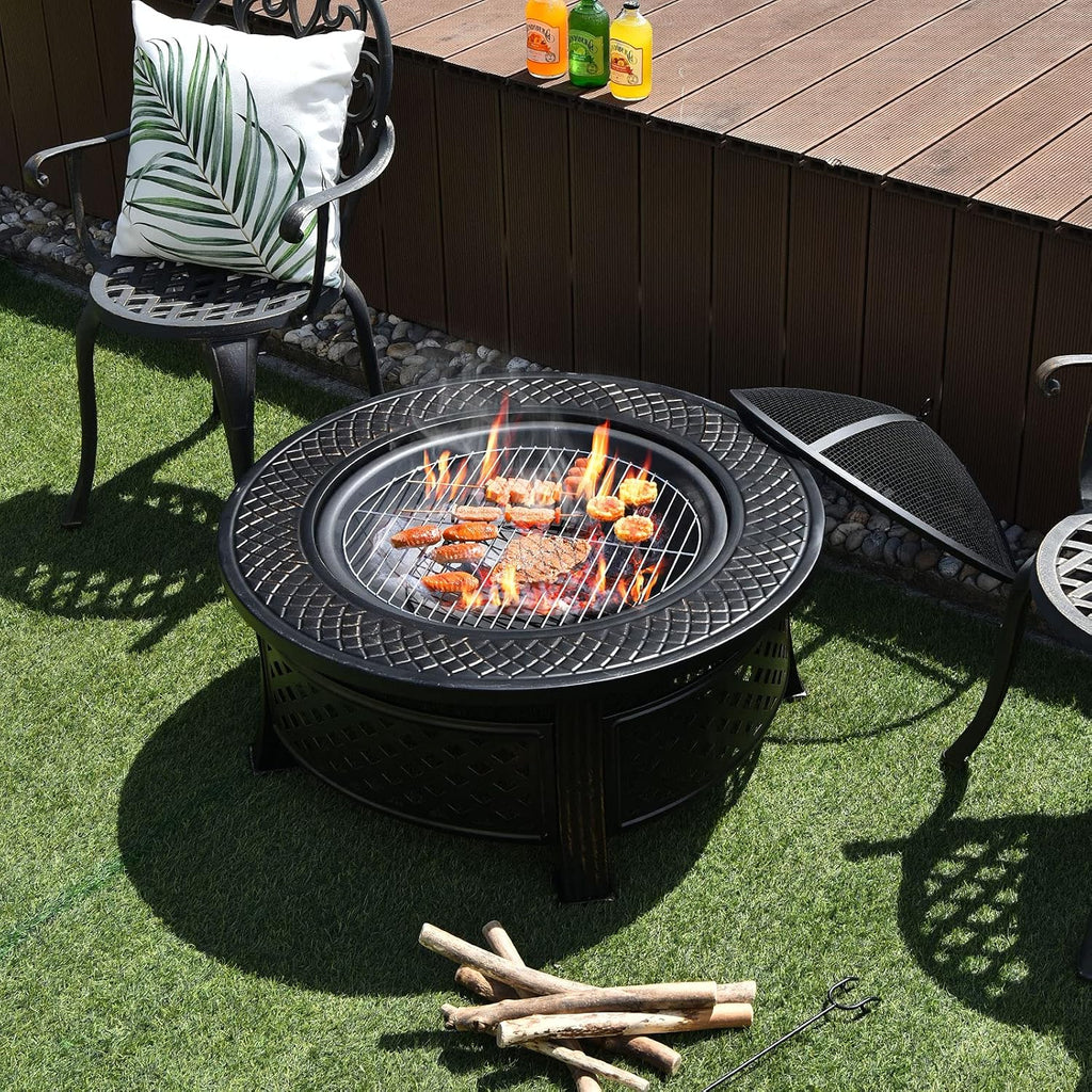 Giantex 3 in 1 Fire Pit, 32' Outdoor Wood Burning Fire Pit, Multifunctional Round Firepit Stove, Metal Fire Bowl with Cover, Portable Fire Pits for Outside Heating, Bonfire, Picnic, Grill