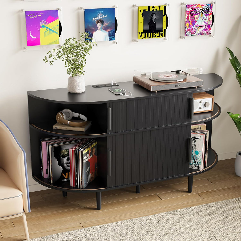 Large Record Player Stand, 55'' Wood Vinyl Record Storage Cabinet with Charging Station & USB Ports, Curved Turntable Table Open Shelf Holder Up to 300 Albums for Living Room(Black)