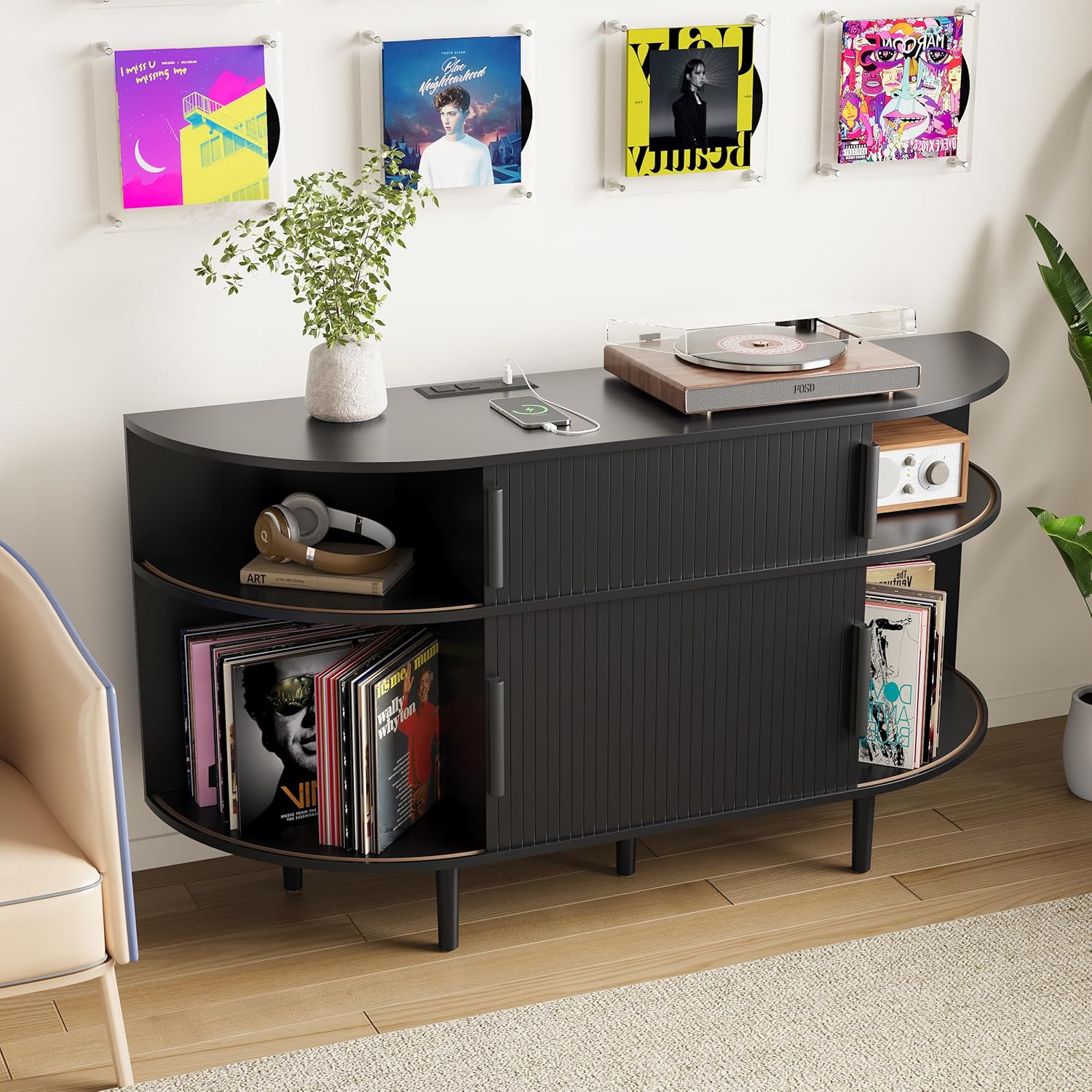 Large Record Player Stand, 55'' Wood Vinyl Record Storage Cabinet with Charging Station & USB Ports, Curved Turntable Table Open Shelf Holder Up to 300 Albums for Living Room(Black)