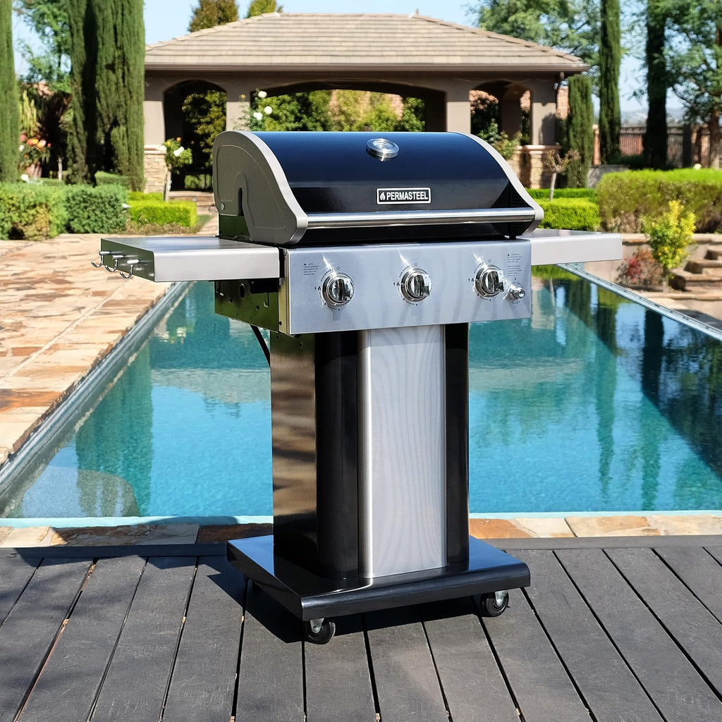Permasteel 3-Burner Propane Gas Grill, 30,000 BTUs BBQ Grill with Cast Iron Grates, Foldable Side Tables & Tool Hooks, Outdoor Grill, Black